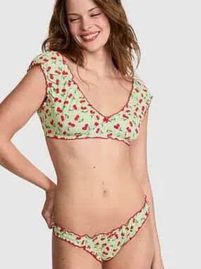Frankie’sxpink Light Green Bikini Top & Bottom with Red Cherry Print
